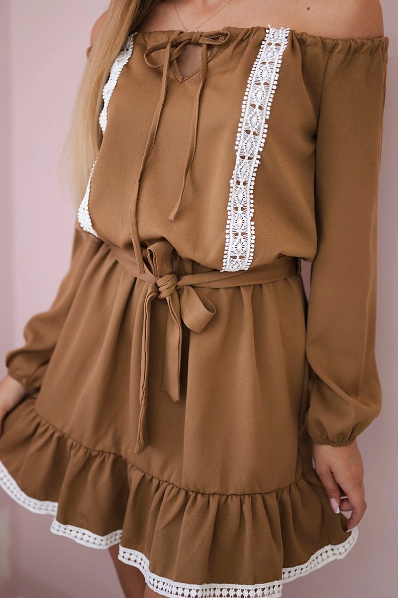 Off - the - shoulder dress 66046 / – Camel цвет / color | Lexline Fashion