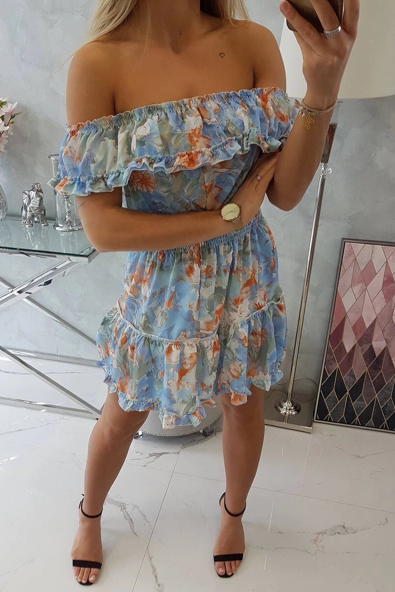 Off - the - shoulder floral dress 9252 / – Blue цвет / color | Lexline Fashion
