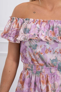Off - the - shoulder floral dress 9252 / – Purple цвет / color | Lexline Fashion