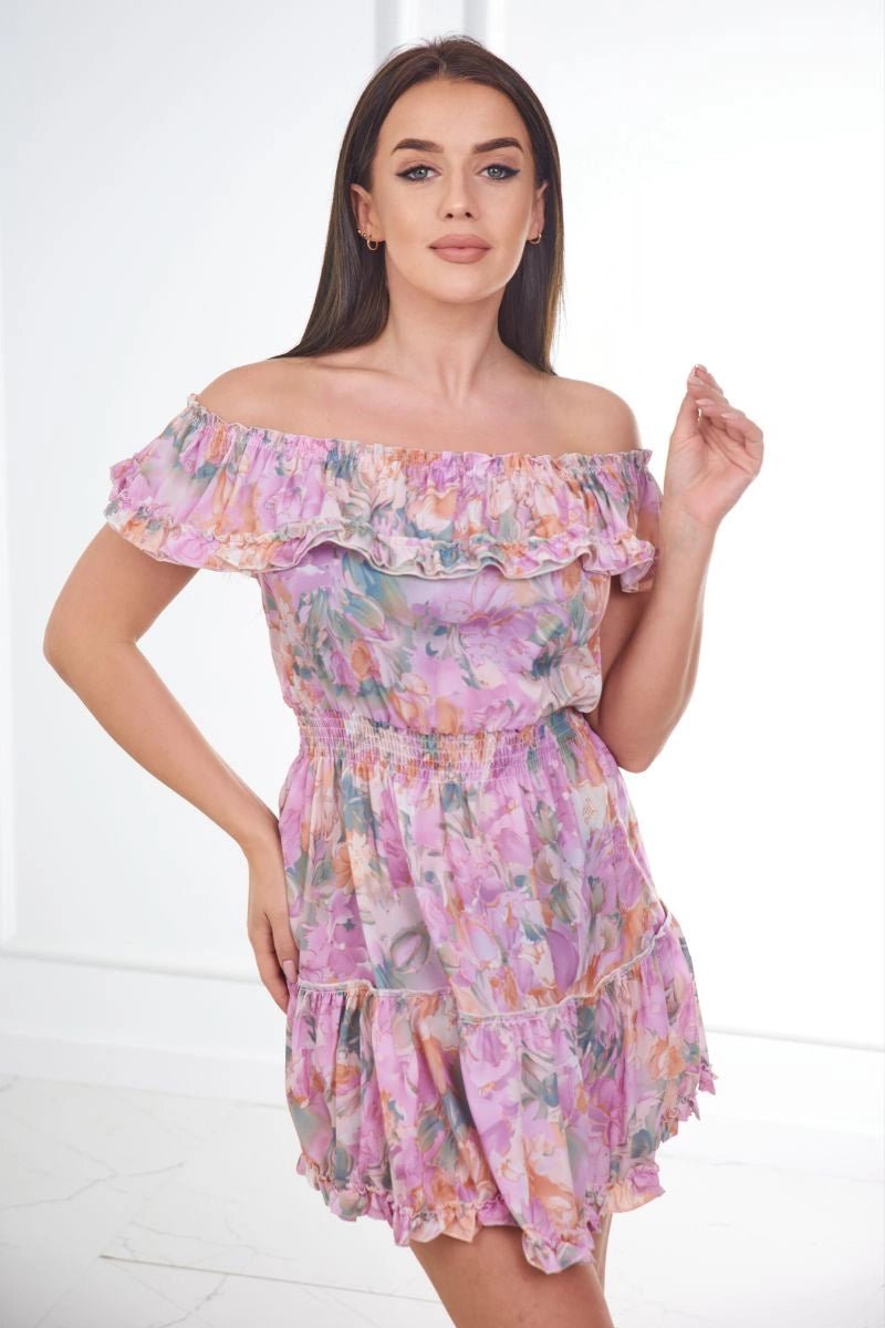 Off - the - shoulder floral dress 9252 / – Purple цвет / color | Lexline Fashion