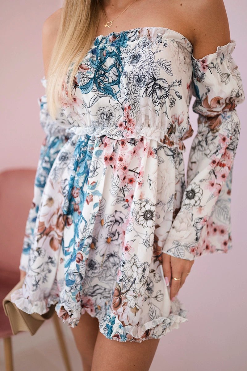 Off - the - shoulder floral dress 9264 / – Ecru цвет / color | Lexline Fashion