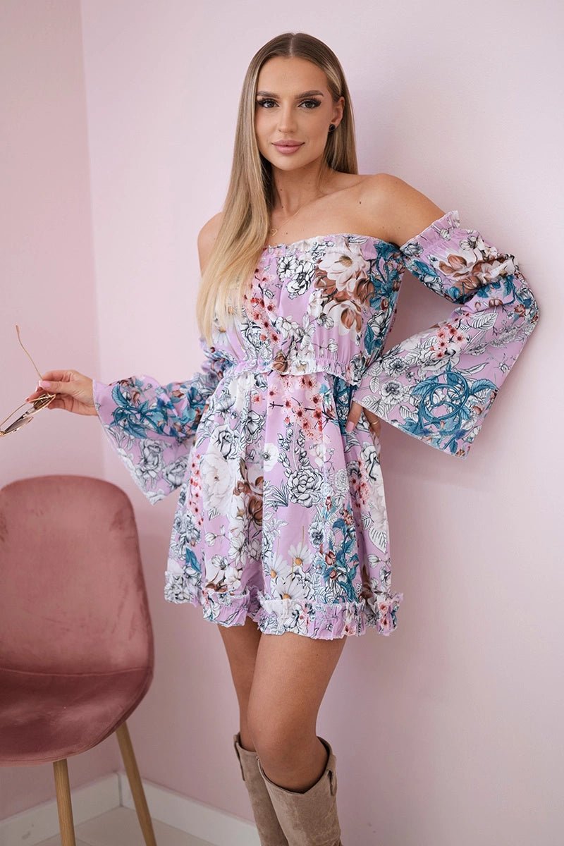 Off - the - shoulder floral dress 9264 / – Purple цвет / color | Lexline Fashion
