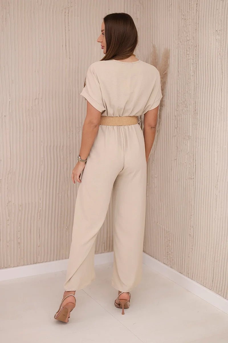 Overalls with a decorative belt at the waist 5877 / – Beige цвет / color | Lexline Fashion