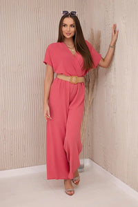 Overalls with a decorative belt at the waist 5877 / – Coral цвет / color | Lexline Fashion