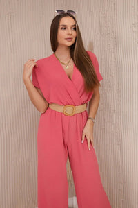 Overalls with a decorative belt at the waist 5877 / – Coral цвет / color | Lexline Fashion