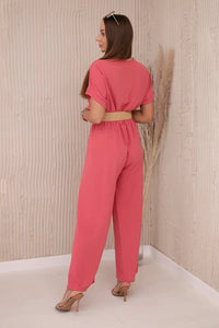 Overalls with a decorative belt at the waist 5877 / – Coral цвет / color | Lexline Fashion
