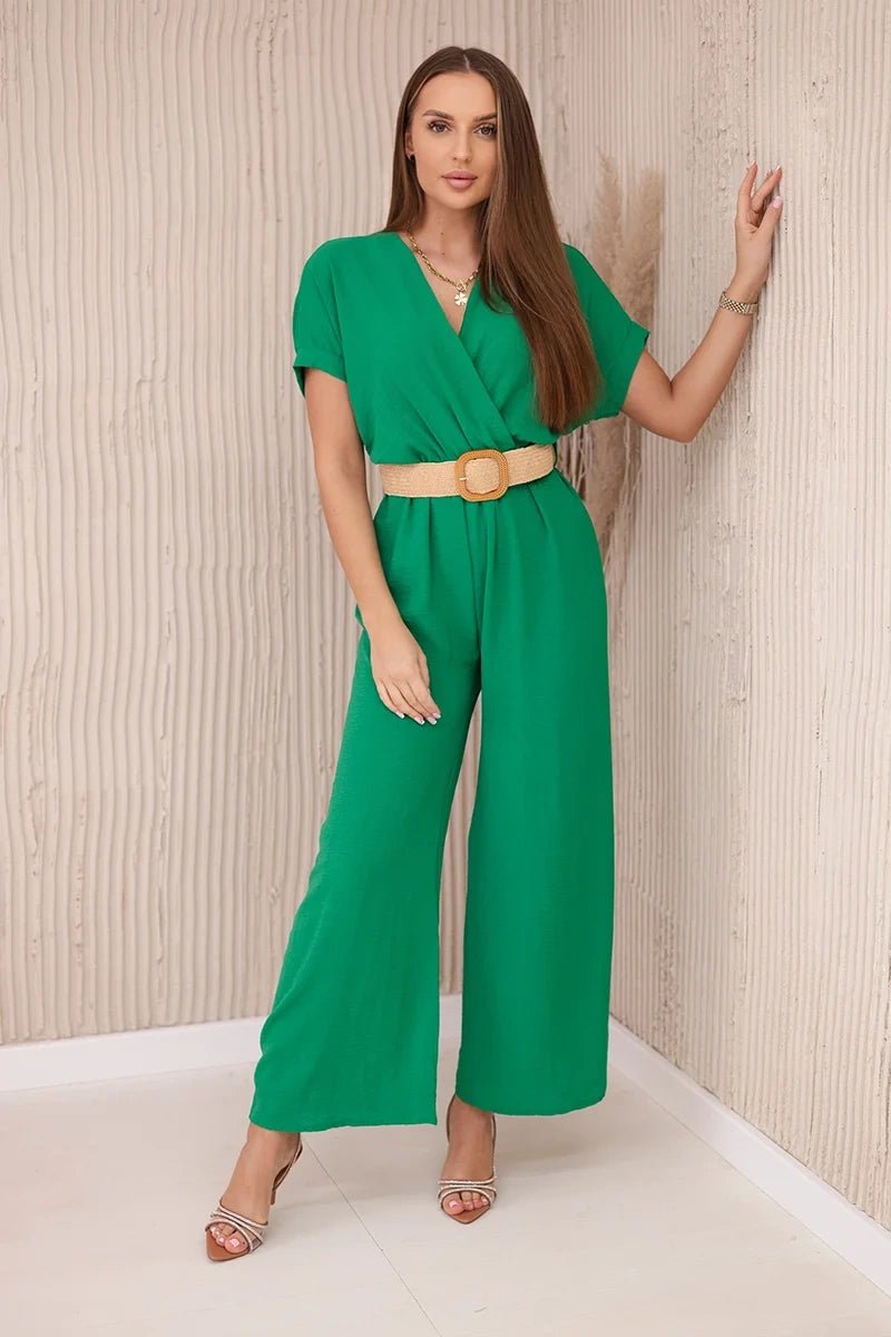 Overalls with a decorative belt at the waist 5877 / – Green цвет / color | Lexline Fashion