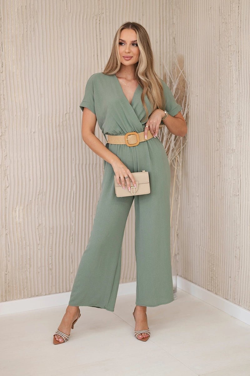 Overalls with a decorative belt at the waist 5877 / – Khaki || Light цвет / color | Lexline Fashion