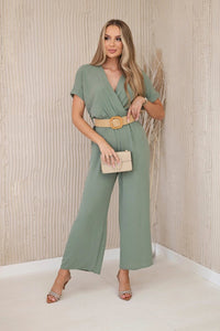 Overalls with a decorative belt at the waist 5877 / – Khaki || Light цвет / color | Lexline Fashion