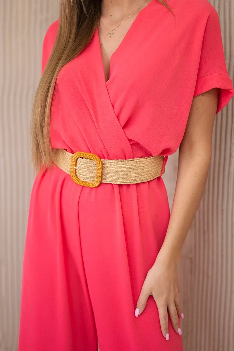 Overalls with a decorative belt at the waist 5877 / – Neon pink цвет / color | Lexline Fashion