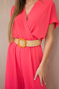 Overalls with a decorative belt at the waist 5877 / – Neon pink цвет / color | Lexline Fashion