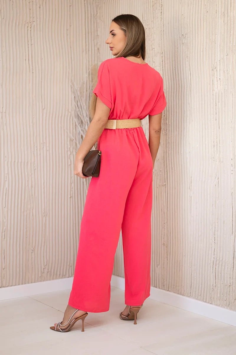 Overalls with a decorative belt at the waist 5877 / – Neon pink цвет / color | Lexline Fashion