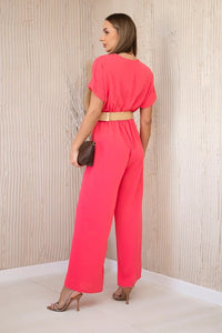 Overalls with a decorative belt at the waist 5877 / – Neon pink цвет / color | Lexline Fashion