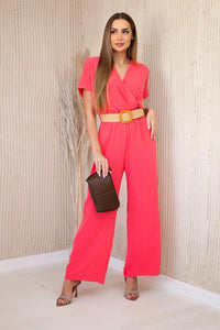 Overalls with a decorative belt at the waist 5877 / – Neon pink цвет / color | Lexline Fashion
