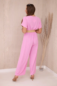 Overalls with a decorative belt at the waist 5877 / – Pink || Light цвет / color | Lexline Fashion