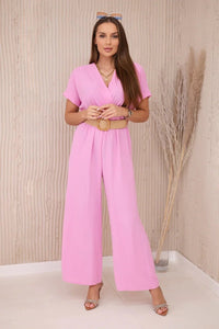 Overalls with a decorative belt at the waist 5877 / – Pink || Light цвет / color | Lexline Fashion