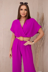 Overalls with a decorative belt at the waist 5877 / – Purple цвет / color | Lexline Fashion