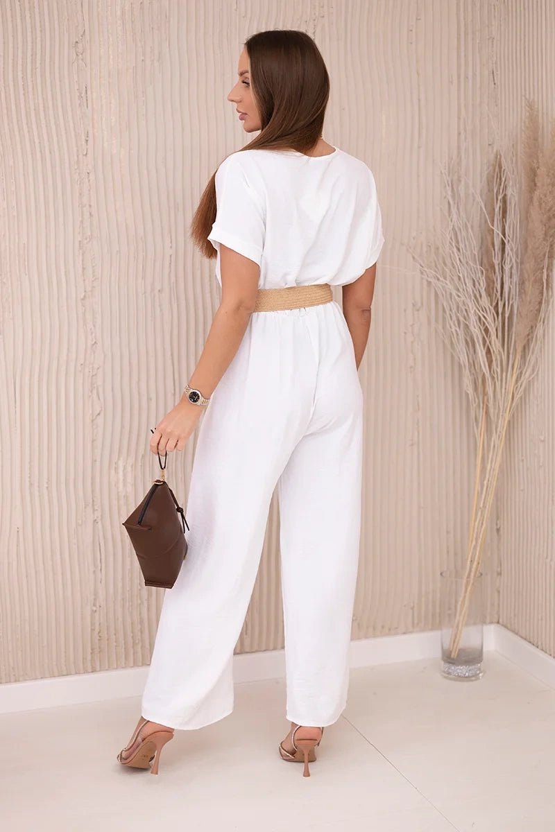 Overalls with a decorative belt at the waist 5877 / – White цвет / color | Lexline Fashion