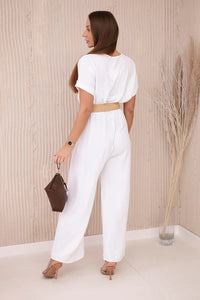 Overalls with a decorative belt at the waist 5877 / – White цвет / color | Lexline Fashion