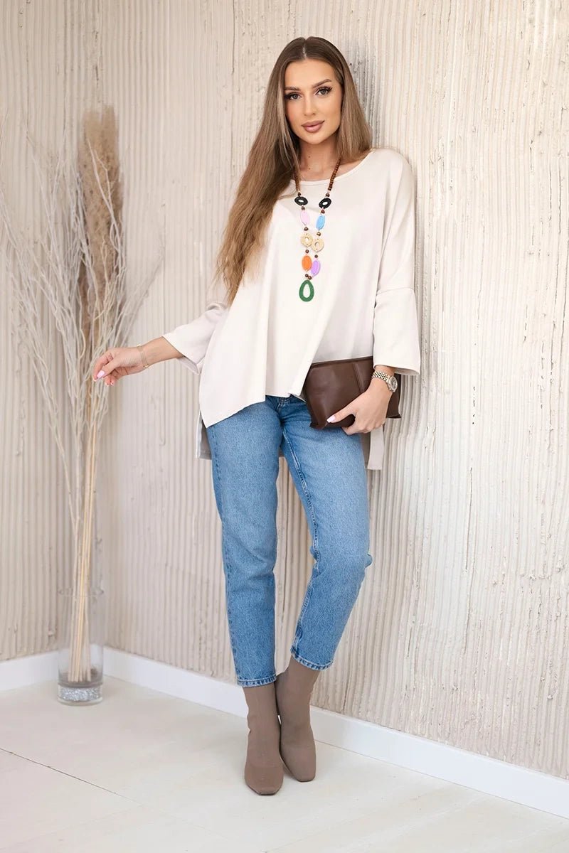 Oversize blouse with necklace 17964 / – Beige цвет / color | Lexline Fashion