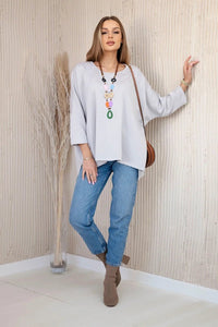 Oversize blouse with necklace 17964 / – Gray цвет / color | Lexline Fashion