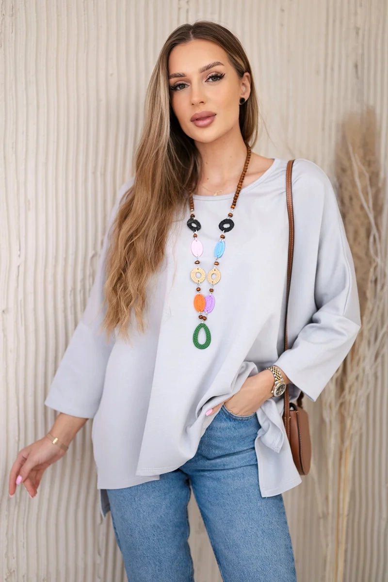 Oversize blouse with necklace 17964 / – Gray цвет / color | Lexline Fashion