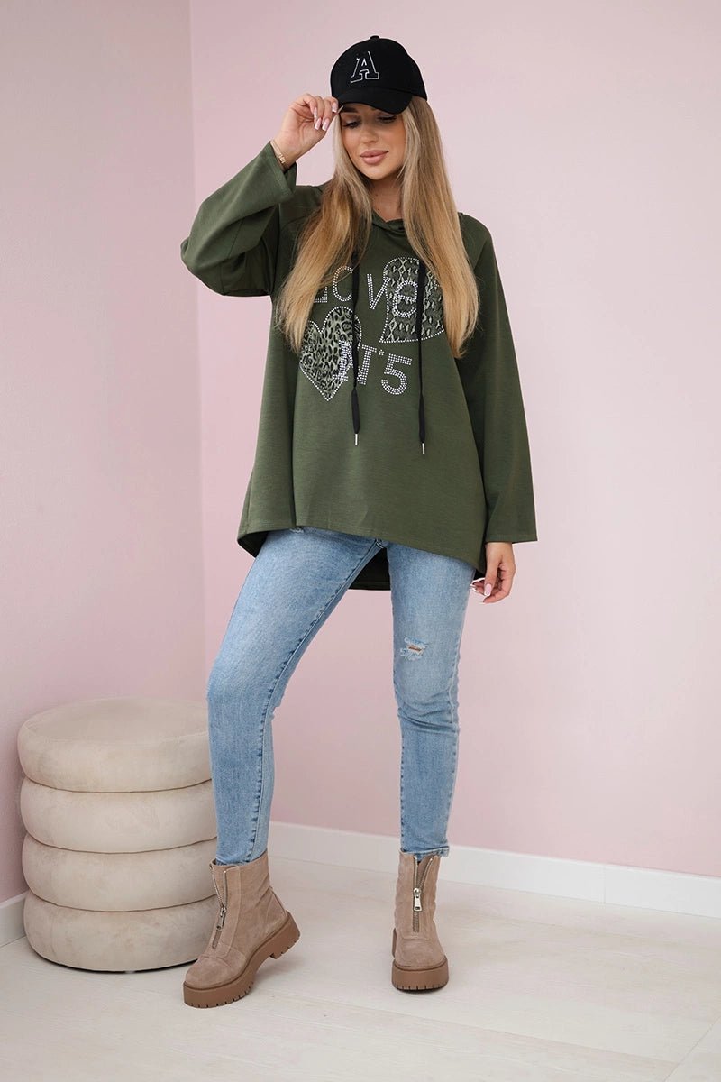 Oversized viscose hoodie Love 24543 - 1 / – Khaki цвет / color | Lexline Fashion