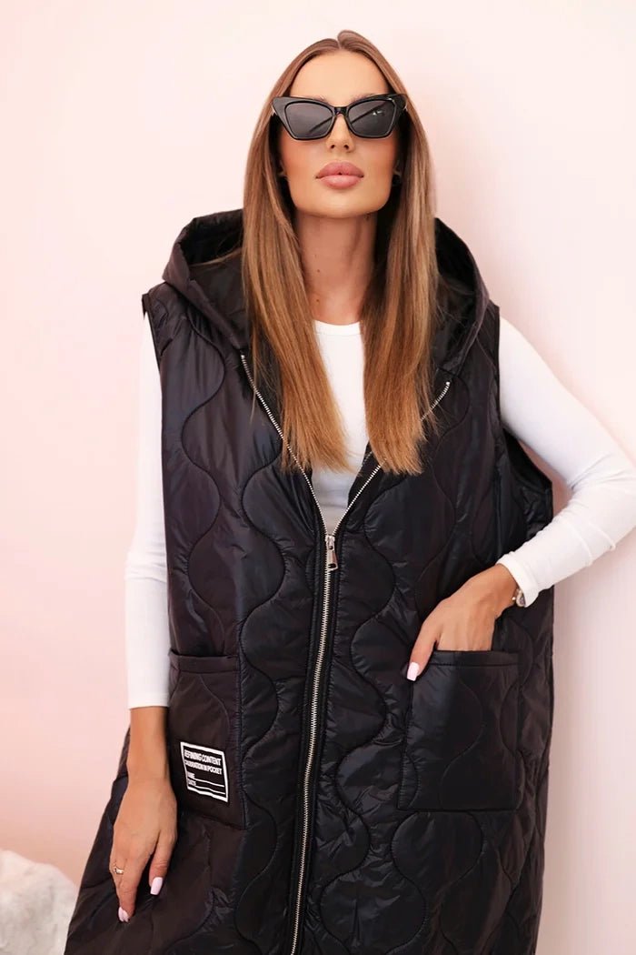 Plus Size women's quilted vest with a hood fastened with a zipper 5393 / – Black цвет / color | Lexline Fashion