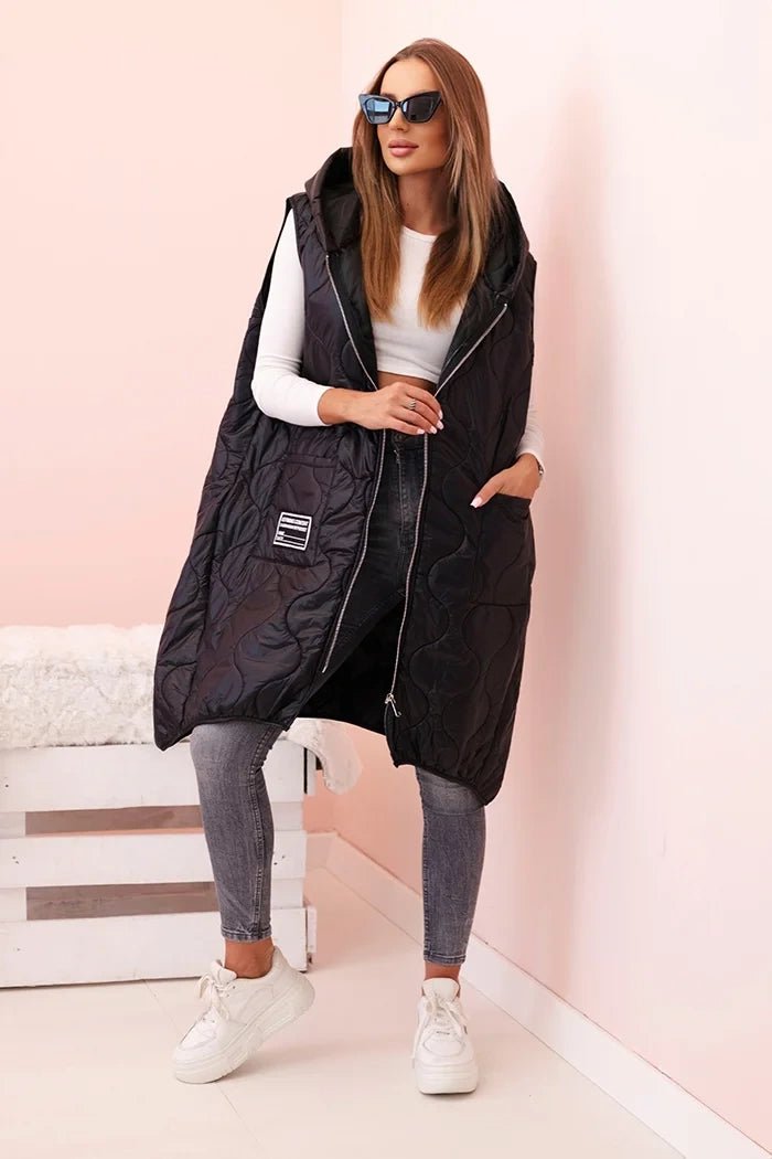 Plus Size women's quilted vest with a hood fastened with a zipper 5393 / – Black цвет / color | Lexline Fashion