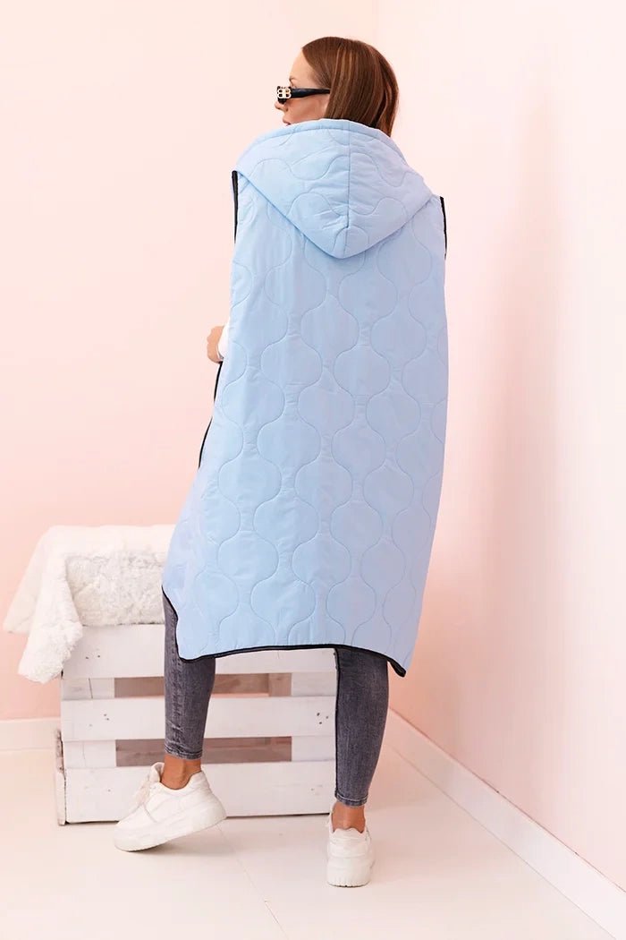 Plus Size women's quilted vest with a hood fastened with a zipper 5393 / – Blue цвет / color | Lexline Fashion