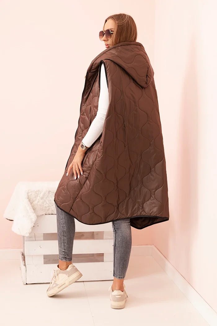 Plus Size women's quilted vest with a hood fastened with a zipper 5393 / – Brown цвет / color | Lexline Fashion