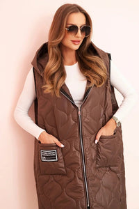 Plus Size women's quilted vest with a hood fastened with a zipper 5393 / – Brown цвет / color | Lexline Fashion