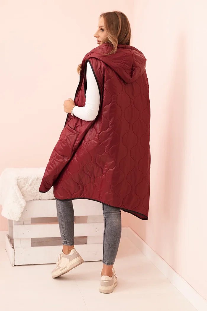 Plus Size women's quilted vest with a hood fastened with a zipper 5393 / – Burgundy цвет / color | Lexline Fashion