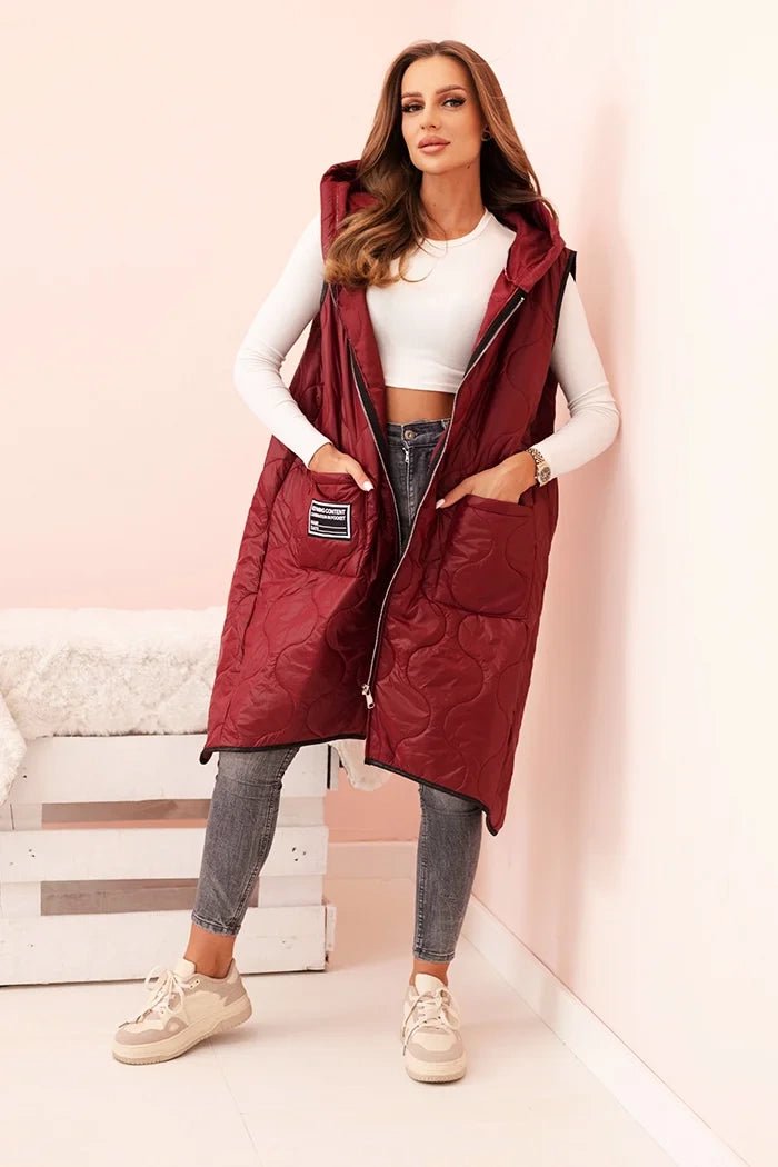 Plus Size women's quilted vest with a hood fastened with a zipper 5393 / – Burgundy цвет / color | Lexline Fashion
