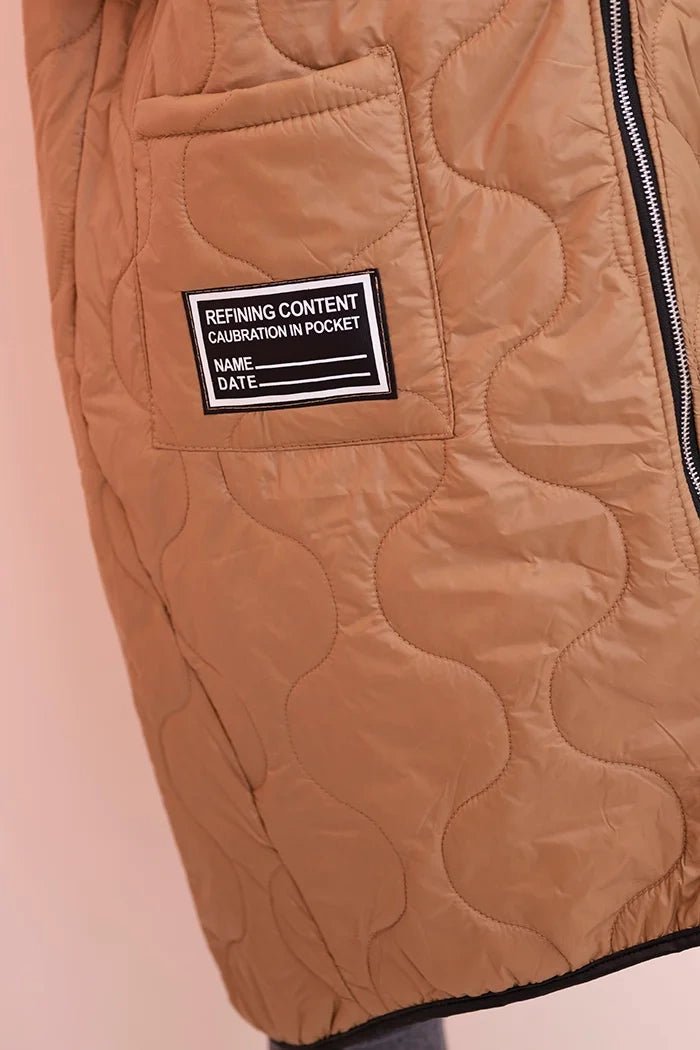 Plus Size women's quilted vest with a hood fastened with a zipper 5393 / – Camel цвет / color | Lexline Fashion