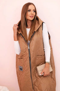 Plus Size women's quilted vest with a hood fastened with a zipper 5393 / – Camel цвет / color | Lexline Fashion