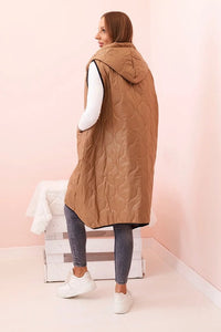 Plus Size women's quilted vest with a hood fastened with a zipper 5393 / – Camel цвет / color | Lexline Fashion