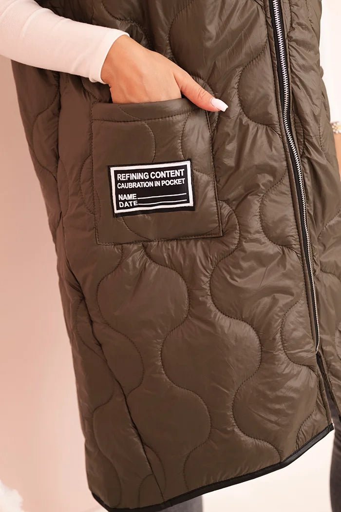 Plus Size women's quilted vest with a hood fastened with a zipper 5393 / – Khaki цвет / color | Lexline Fashion