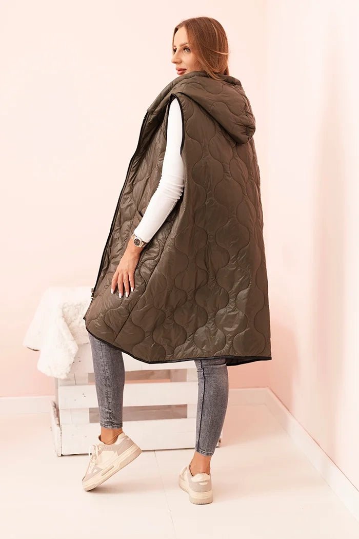 Plus Size women's quilted vest with a hood fastened with a zipper 5393 / – Khaki цвет / color | Lexline Fashion