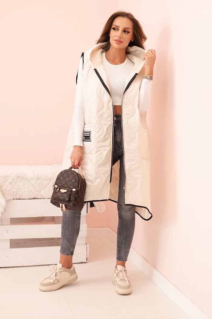 Plus Size women's quilted vest with a hood fastened with a zipper 5393 / – Light Beige цвет / color | Lexline Fashion