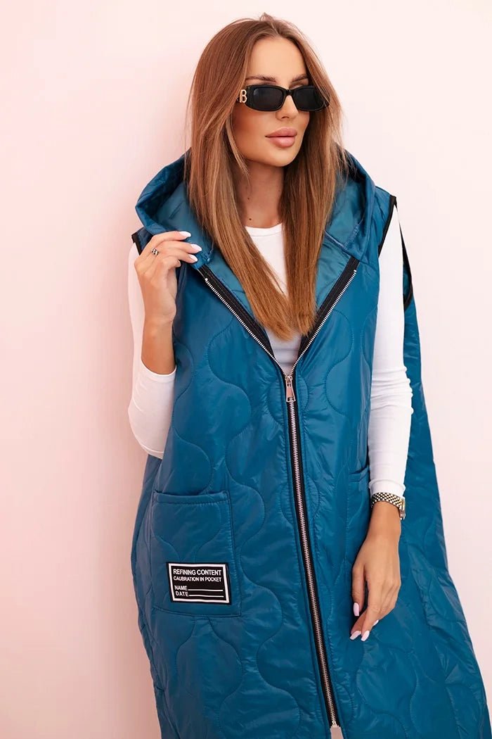 Plus Size women's quilted vest with a hood fastened with a zipper 5393 / – Marine цвет / color | Lexline Fashion