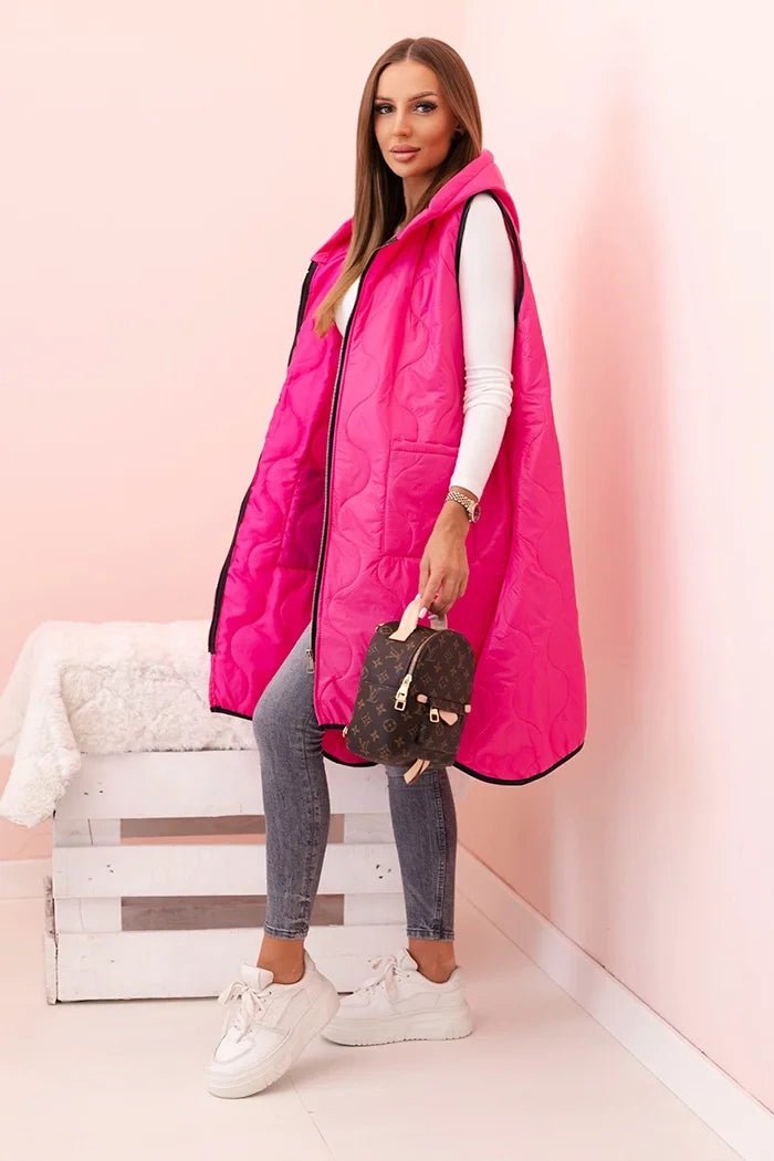 Plus Size women's quilted vest with a hood fastened with a zipper 5393 / – Pink цвет / color | Lexline Fashion