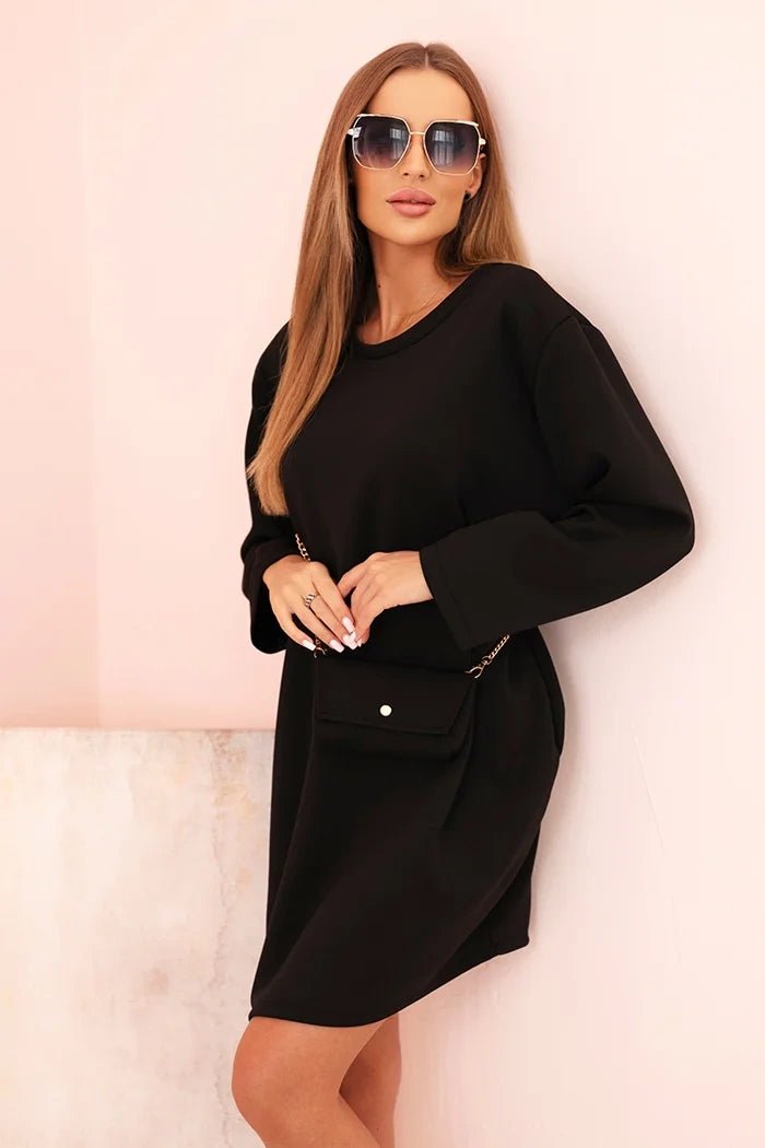 Plus Size women's viscose dress with a chain bag IT85 / – Black цвет / color | Lexline Fashion