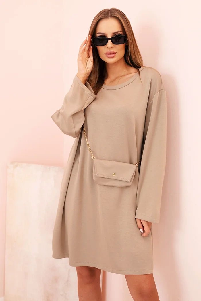 Plus Size women's viscose dress with a chain bag IT85 / – Dark Beige цвет / color | Lexline Fashion