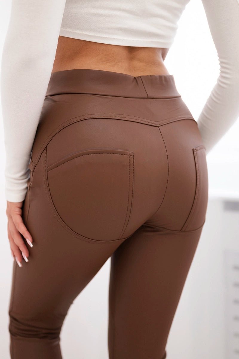 Push up pants made of eco leather TR1878 / – Brown цвет / color | Lexline Fashion