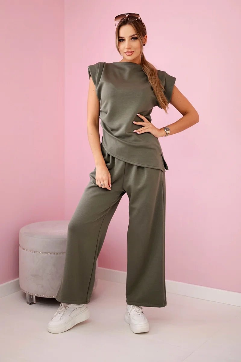 Set asymmetrical blouse + pants 7349 / – Khaki цвет / color | Lexline Fashion