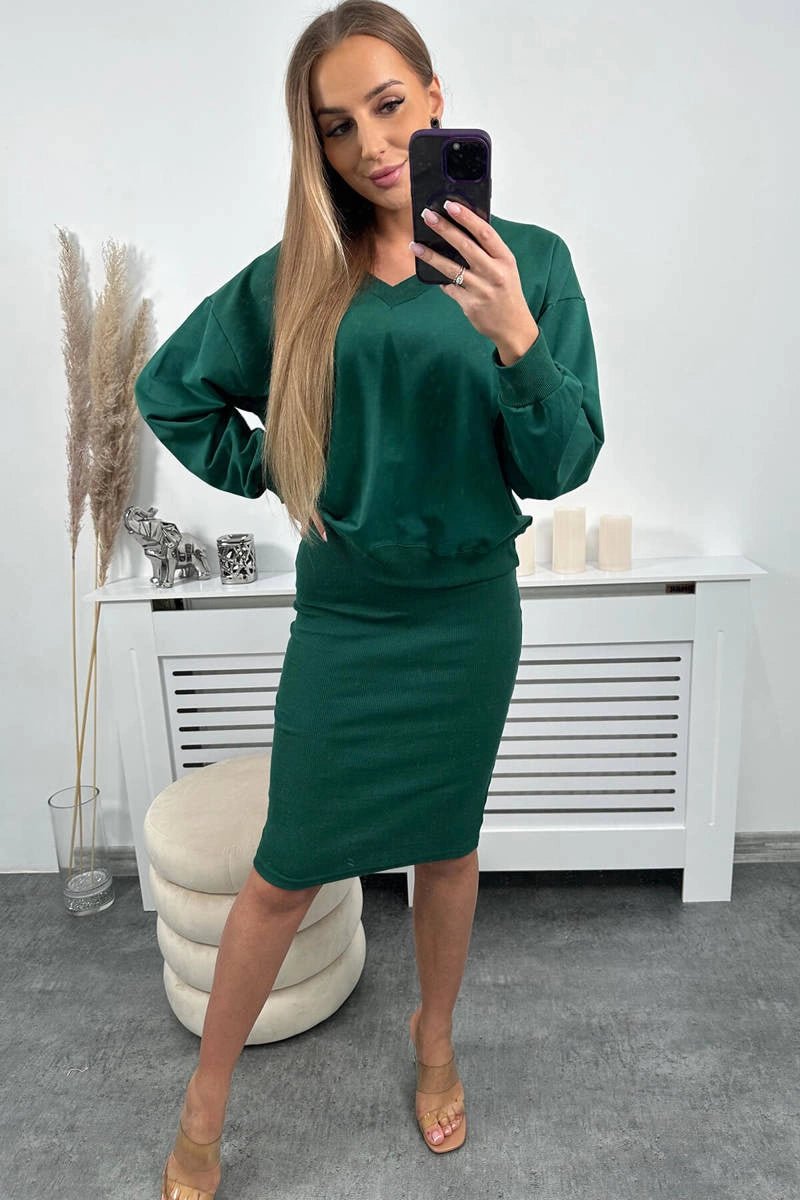 Set blouse + ribbed dress 9450 / – Green || Dark цвет / color | Lexline Fashion