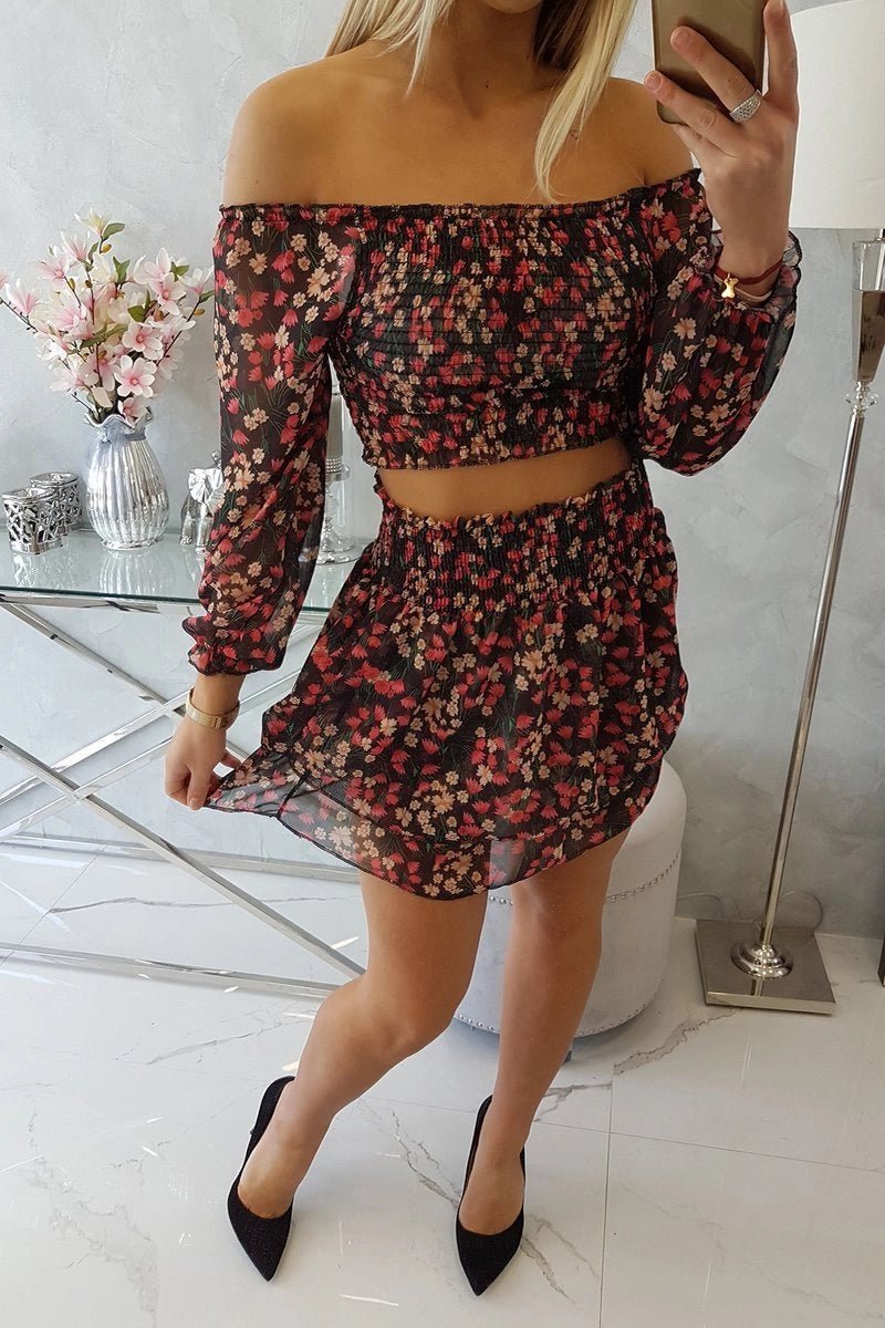 Set of blouse and skirt with flowers 9288 / – Black цвет / color | Lexline Fashion