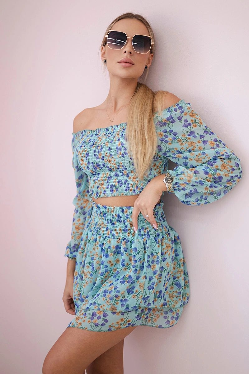 Set of blouse and skirt with flowers 9288 / – Mint цвет / color | Lexline Fashion