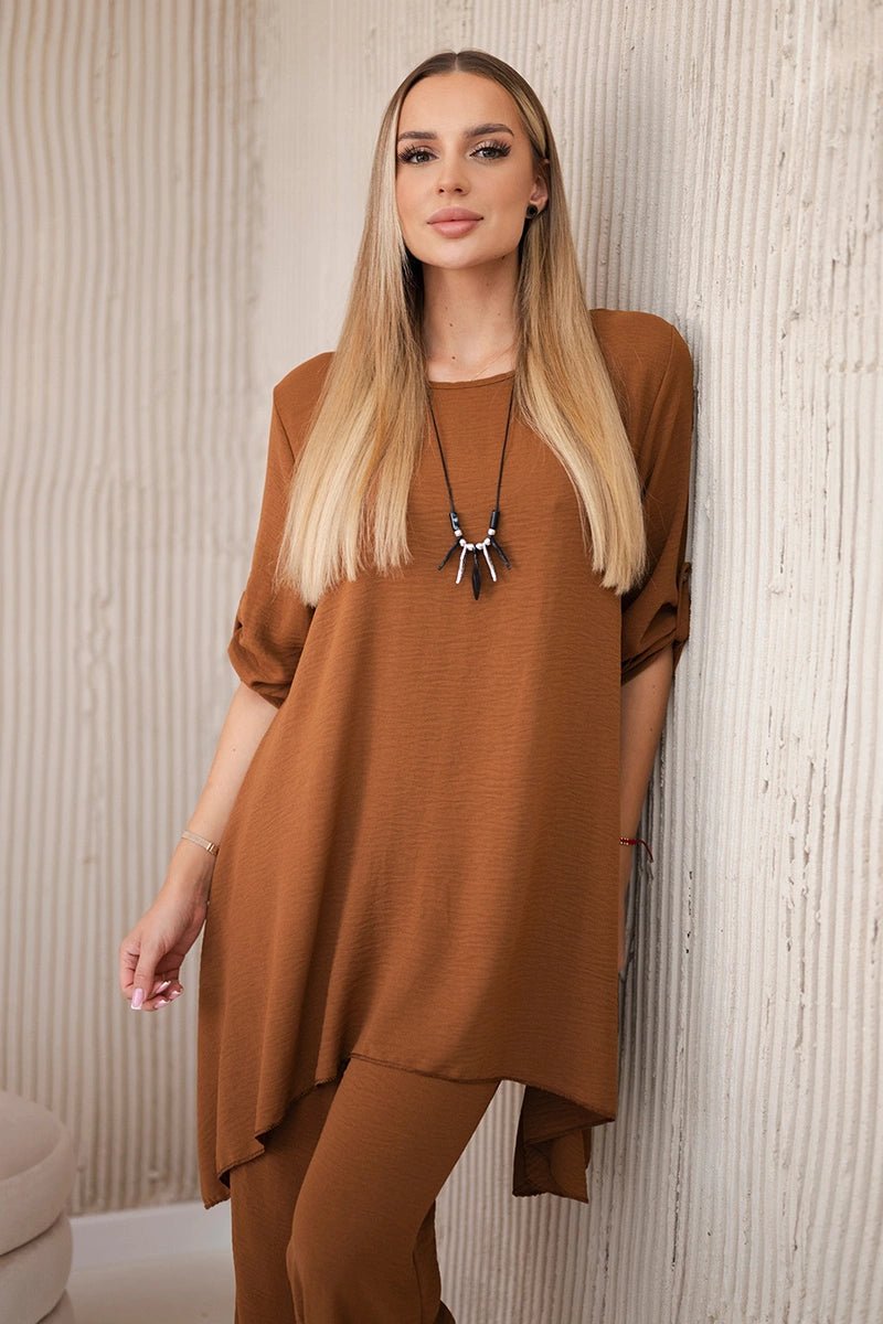 Set of blouse + pants with pendant 1025A / – Dark || Camel цвет / color | Lexline Fashion